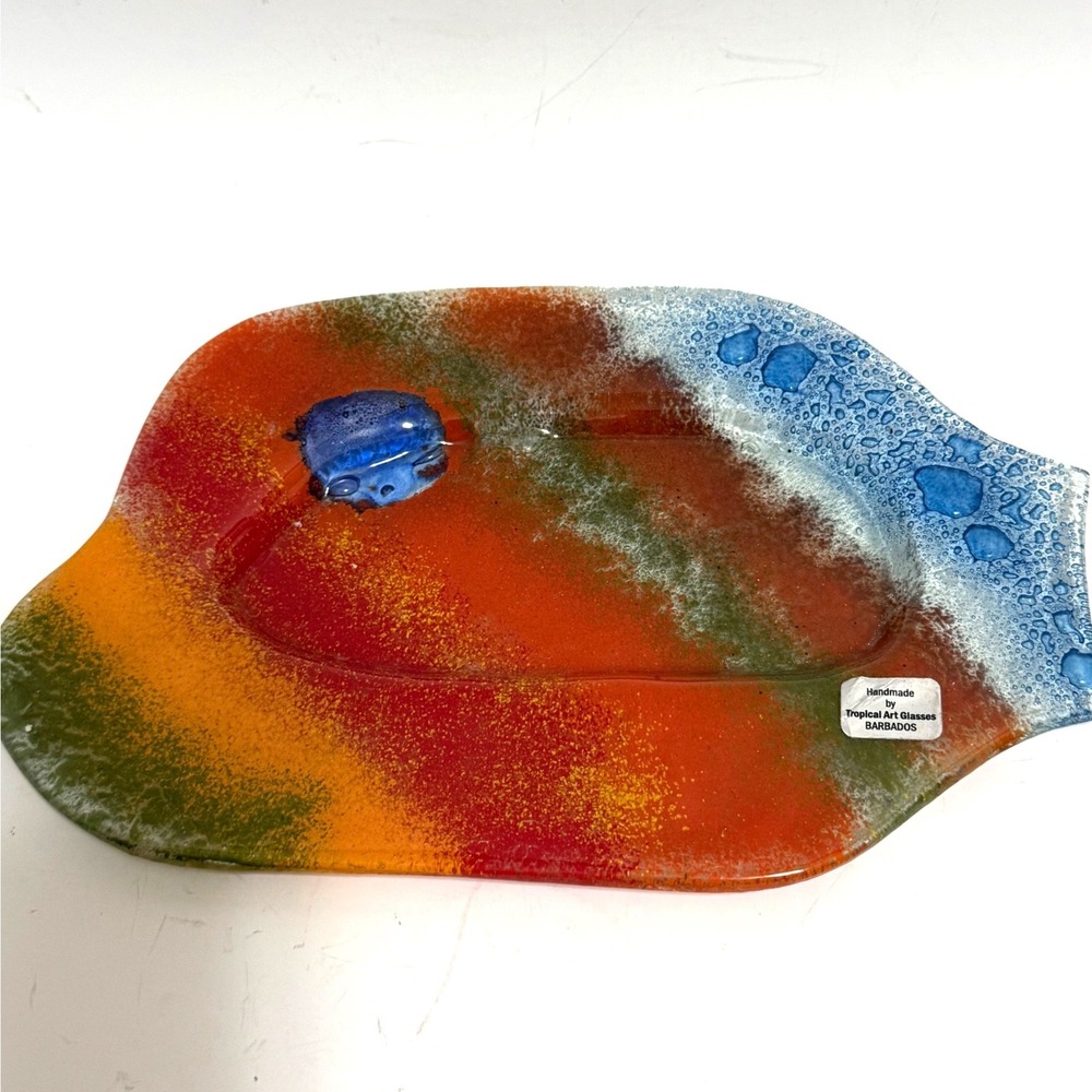 Tropical Art Glasses Barbados Handmade Fused Glass Tray Multicolor Abstract 12"